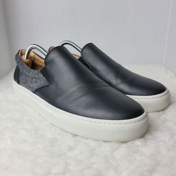 Greats  Wooster Men's  Slip-On Sneakers Size 10.5 Black Leather Gray Wool Panels - Picture 1 of 11